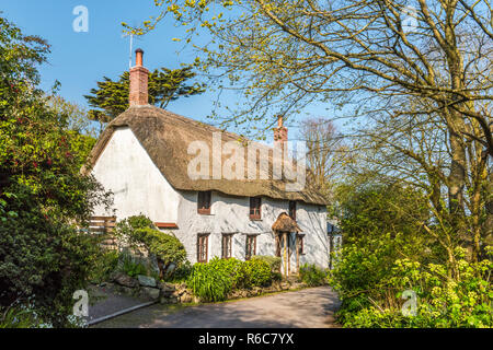 Ein malerisches Reetdachhaus in einer ruhigen Seitenstraße im Church Cove auf der Lizard Halbinsel in der Nähe von Lizard Village, Cornwall, England Stockfoto