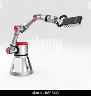 3D-Rendering metallische Roboterarm mit Transistor auf grauem Hintergrund Stockfoto