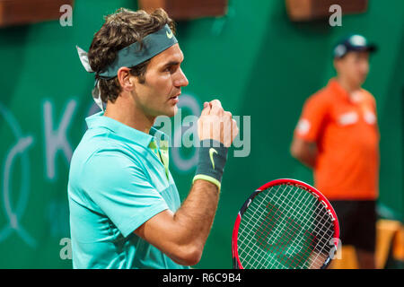 Roger Federer an Garanti Koza, Istanbul in der Türkei 2015. Spielen auf Sandplatz Tennis. Stockfoto