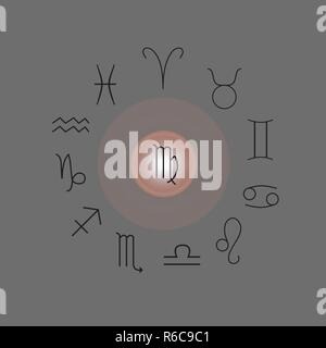 Astrologische Zeichen, Symbole der Tierkreiszeichen, Horoskop, Astrologie und mystischen Zeichen Vector Illustration auf grauem Hintergrund Stock Vektor