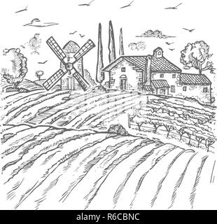 Vektor Farm graviert Stil zeichnen, graue Linien auf weissem Stock Vektor