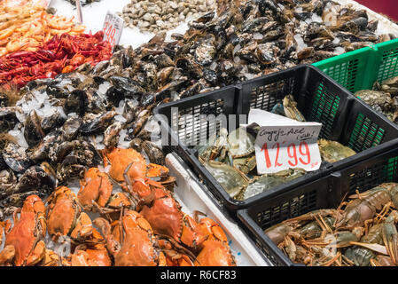 Schalentiere zum Verkauf auf einem Markt in Madrid, Spanien Stockfoto