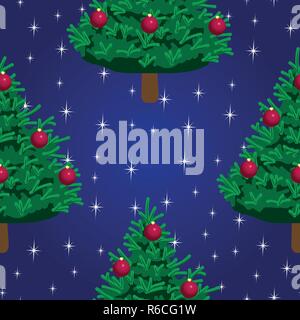 Weihnachtsbaum auf dunklem Hintergrund mit Sternen - nahtlose Vektor Muster Stock Vektor