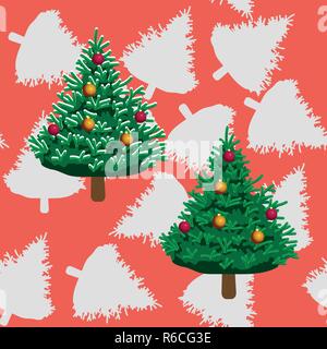 Weihnachtsbäume und und ihre Silhouetten auf rotem Hintergrund Stock Vektor