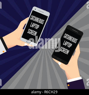 Wort schreiben Text Fang Bugs Laptop-bildschirm. Business Konzept für Computer system Schutz Sicherheit Antivirus zwei Hu-Analyse Händen jedes einzelnen Betriebs Bla Stockfoto