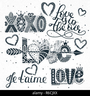 Satz von Liebe Zitate. Handgezeichneten Schriftzug. Happy Valentine's Day. Xoxo. Je t'aime. Freehand Stil. Doodle. Romantischer Urlaub Stockfoto