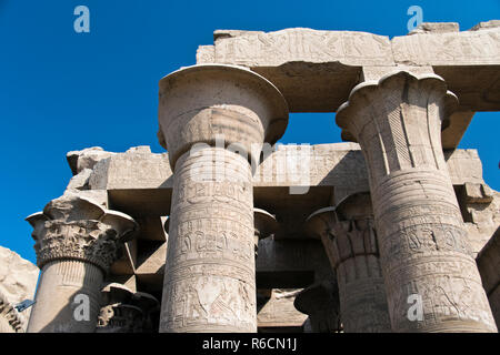 Flachrelief Bildern und Hieroglyphen auf Säulen an der Tempel von Kom Ombo, eine ungewöhnliche Doppel Tempel in Kom Ombo, Aswan Governorate, Ägypten geschnitzt. Stockfoto