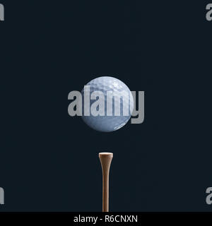 Nahaufnahme von Grübchen gebildeten weißen Golf ball 7/8 schwebt über einem hölzernen T-Stück Stockfoto