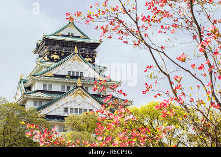 Querformat die Burg von Osaka tagsüber mit einem blauen Himmel und dünne weiße Wolken Stockfoto
