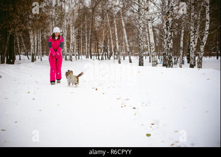 Spaziergang im Winter im Freien mit Hund Rasse Shih Tzu. Eine Frau in leuchtend roten warme Skibekleidung Wandern im Schnee mit Ihrem Haustier, kleine Shih Tzu in Overalls gekleidet. Pflege für Tiere liebt das Spiel mit dem Hund Stockfoto