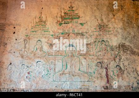 Antike Wandmalerei innen Sulamani Tempel in Bagan, Myanmar Stockfoto