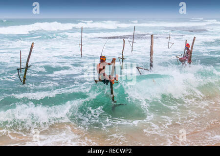 Stelze Angeln Angeln im flachen Wasser auf einer Plattform, die aus einer stelze ist eine gängige Methode, die von Sri Lankan Fischer verwendet Stockfoto