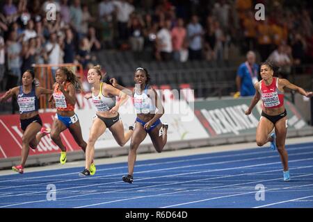 Berlin, Deutschland. 07 Aug, 2018. Ziel Ziel der linken Orlann OMBISSA (FRA), Samuel Jamile (NED), Gina (LUECKENKEMPER LuÌckenkemper), Deutschland, 2. Platz, Sieger Dina ASHER - SMITH (1./GBR), KAMBUNDJI Mujinga (SUI/Platz 4), Ziel, Aktion, abschließenden 100 m der Frauen, auf 07.08.2018 Europäische Leichtathletik WM in Berlin 2018/Deutschland vom 06.08. - 12.08.2018. | Verwendung der weltweiten Kredit: dpa/Alamy leben Nachrichten Stockfoto