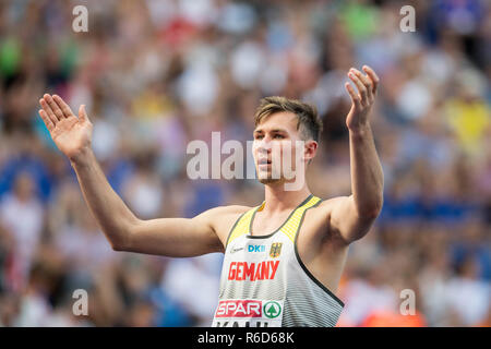 Berlin, Deutschland. 07 Aug, 2018. Niklas KAUL, Deutschland, Geste, Gestik, Decathlon, Hochsprung auf 07.08.2018 Europäische Leichtathletik WM 2018 in Berlin/Deutschland vom 06.08. - 12.08.2018. | Verwendung der weltweiten Kredit: dpa/Alamy leben Nachrichten Stockfoto