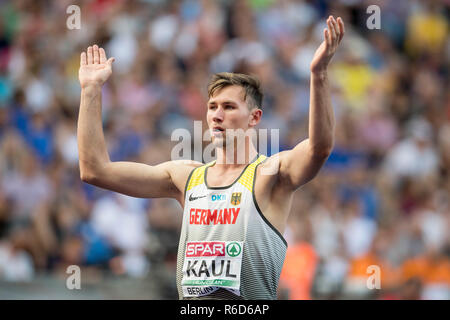 Berlin, Deutschland. 07 Aug, 2018. Niklas KAUL, Deutschland, Geste, Gestik, Decathlon, Hochsprung auf 07.08.2018 Europäische Leichtathletik WM 2018 in Berlin/Deutschland vom 06.08. - 12.08.2018. | Verwendung der weltweiten Kredit: dpa/Alamy leben Nachrichten Stockfoto