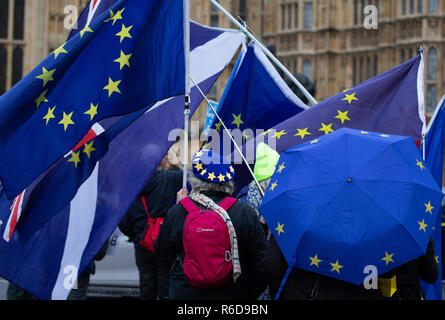 London, Großbritannien. 5. Dezember, 2018. Bleiben Demonstranten außerhalb der Häuser des Parlaments, UK. Lassen Sie demonstranten sind auch demonstrieren. Theresa May ist fünf Tage in der Debatte des Europäischen Parlaments zu überzeugen, um für ihre Brexit Abkommen zu stimmen. Bleiben Demonstranten fordern eine Abstimmung. Credit: Tommy London/Alamy leben Nachrichten Stockfoto