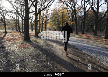 Berlin, Deutschland. 05 Dez, 2018. Ein junger Mann Joggen durch den Tiergarten im hellen Sonnenschein. Credit: Clara Margais/DPA/Alamy leben Nachrichten Stockfoto