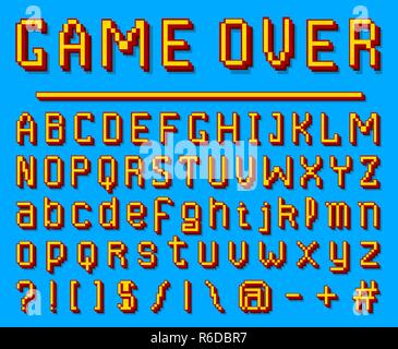 Pixel Font. 8-bit-Symbole. Digital Video Spiel Stil. Buchstaben und Zahlen auf blauem Hintergrund. Vintage Retro Schrift abc. Fehler Computer Video. Futuristisches Design. Vektor Alphabet. Stock Vektor