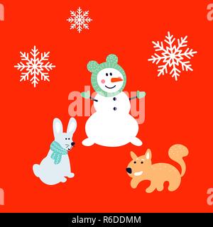 Schneemann, Hasen und Eichhörnchen cartoon Karte neues Jahr. Stock Vektor