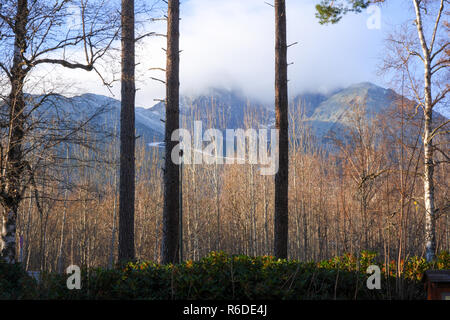 Tatranska Lomnica, Slowakei, 17. November 2018, Tatranska Lomnica Stadt Blick auf die Hohe Tatra und die Lomnitzer Spitze Stockfoto