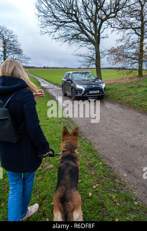 Junge Frau zu Fuß ein Deutscher Schäferhund steht und wartet auf einen vorbeifahrenden Bauern Auto auf der Pennine Way Trail in England Stockfoto