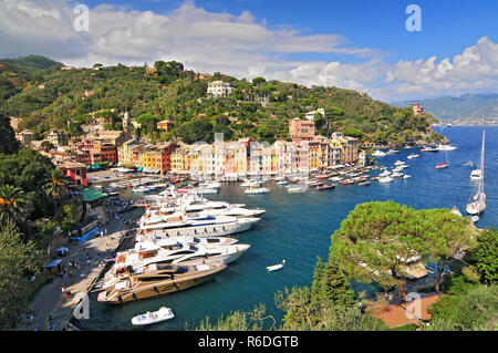 Luxus Yachten im Hafen von Portofino mit der Stadt hinter, Italienische Riviera, Ligurien, Italien Stockfoto