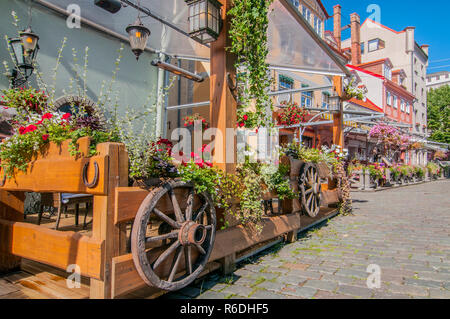 Zusammensetzung Dekor rote Blumen von Geranium, Grün auf einer Straße im Cafe, Riga, Stadt, Lettland, sehr alten rustikalen Holzmöbeln Rad Stockfoto