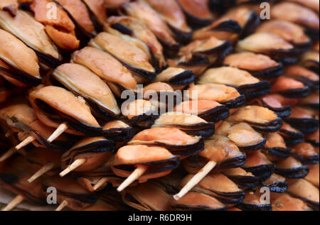 Gebratene Muscheln auf Spieße Hintergrund Stockfoto
