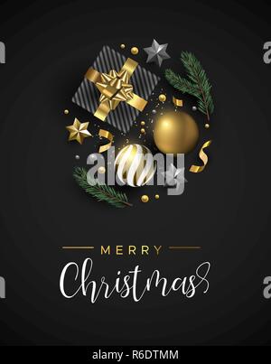 Merry Christmas Card, Gold realistische 3D-geschenkbox Elemente, Konfetti, Flitter Kugeln und Pine Tree leaf auf schwarzem Hintergrund. Luxus Urlaub layout illust Stock Vektor