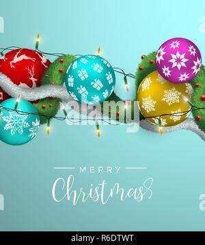 Weihnachtskarte realistische 3D-Illustration bunte Xmas bauble Ornamente mit Lichtern und Kiefer Girlande. Mehrfarbige urlaub Kugeln Hintergrund Stock Vektor