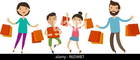 Glückliche Familie mit Paketen oder Taschen in der Hand. Verkauf, shopping. Lustige cartoon Vector Illustration Stock Vektor