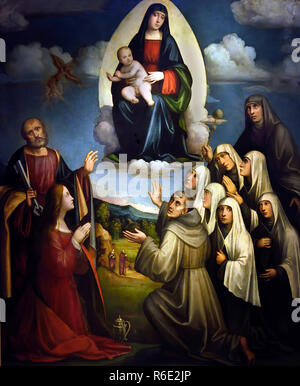 Madonna mit Kind und Heiligen in der Herrlichkeit, Peter, Francis, Magdalena, Martha und sechs Nonnen durch Raibolini Giacomo (sagte, Frankreich) 1486 - 1557, 16. Jahrhundert, Italien, Italienisch. Stockfoto