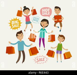 Menschen im Verkauf. Sell-out, Shopping Konzept. Lustige cartoon Vector Illustration Stock Vektor