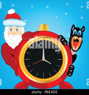 Santa und Hund neben neuen Jahren festliche Stunden Stock Vektor
