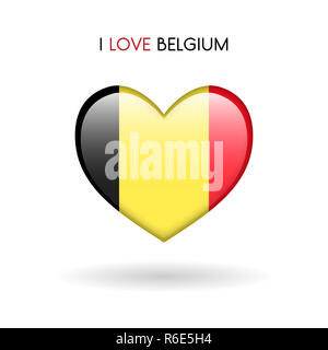 Liebe Belgien Symbol. Flagge Herz glänzend Symbol auf weißem Hintergrund Stockfoto