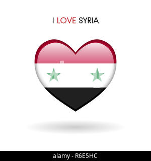 Liebe Syrien Symbol. Flagge Herz glänzend Symbol auf weißem Hintergrund Stockfoto