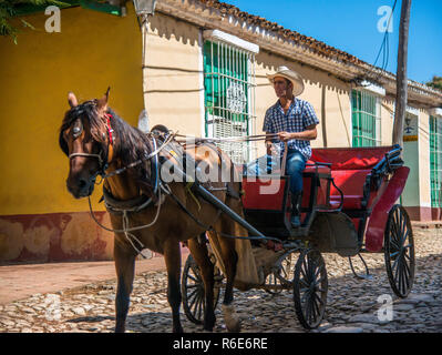 Mann in einem Cowboy Hut mit einer Pferdekutsche für touristische Fahrten. Stockfoto