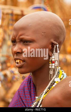 Massai Frau mit traditionellen Kleidung und Schmuck, Kenia, Afrika Stockfoto