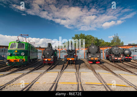 Reihe von Dampflokomotiven in Jaworzyna Slaska Railway Museum, Schlesien Polen Stockfoto