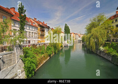 Panorama der Fluss Ljubljanica und farbenfrohe Gebäude im Zentrum der Altstadt Ljubljanas, Slowenien Stockfoto