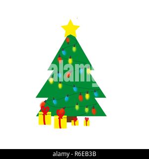 Weihnachten Hintergrund mit geschmückten Baum und Geschenkboxen. Bunte flachbild Geschenke für Urlaub. Modernes Design. Weihnachten und Neujahr Elemente für Dekoration. Vector Illustration auf weißen isoliert. Stock Vektor