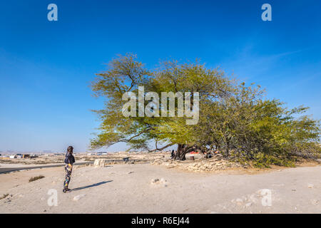 Bahrain, Feb 3nd 2018 - ein Tourist zu dem Baum des Lebens, die in Bahrain Stockfoto