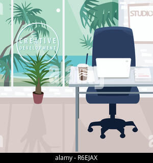 Innenraum der Arbeitsplatz mit Blick auf den Ozean in den Tropen Stockfoto