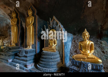 Goldene Statue des Liegenden Buddha in der Buddhistischen Höhlentempel in Wat Tham Suwankhuha Monkey Cave (Höhle) In Phang Nga, Thailand Stockfoto