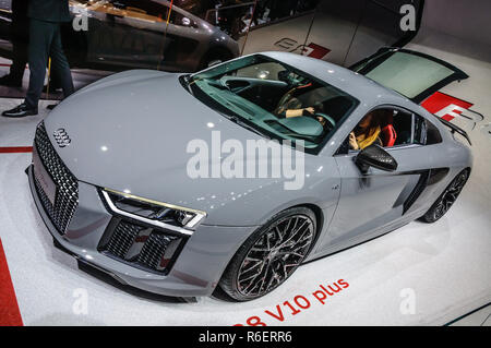 FRANKFURT - Sept. 2015: Audi R8 V10 Plus auf der IAA International Motor Show vorgestellt am 20. September 2015 in Frankfurt am Main, Deutschland Stockfoto