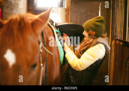 Junge Frau Reiter seit ein Pferd im Stall, für die Abreise vorzubereiten Stockfoto