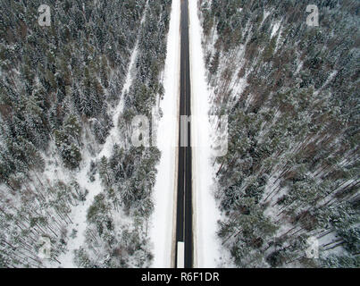 Winter Forest und Asphalt. Blick von oben. Das Foto wurde mit einer Drohne getroffen. Kiefer und Wald mit einem schwarzen Straße im Schnee Fichte. Stockfoto