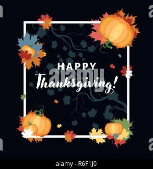 Zusammenfassung Danksagung Karte mit Maple Leaves, Text und reife Kürbisse auf schwarzem Hintergrund Stock Vektor