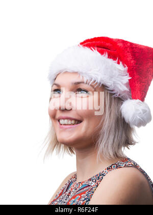 Nahaufnahme von Blondine in Gläsern und Weihnachtsmann-mütze Stockfoto