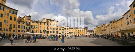 Horizontale einen Panoramablick auf die Piazza dell'Anfiteatro in Lucca, Toskana. Stockfoto